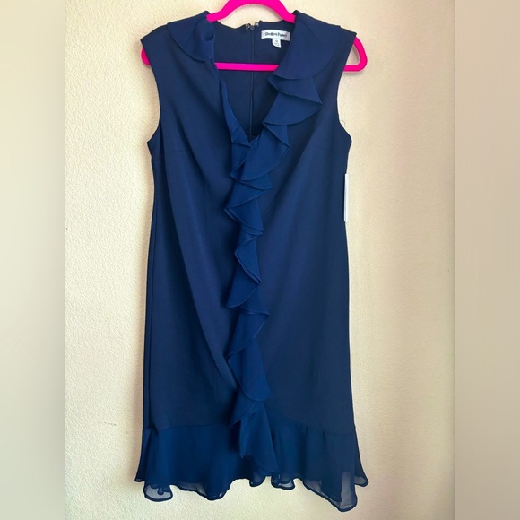 NWT Shelby & Palmer Navy Blue Ruffle Front Chiffon Midi Sheath Dress 12 - Picture 1 of 6